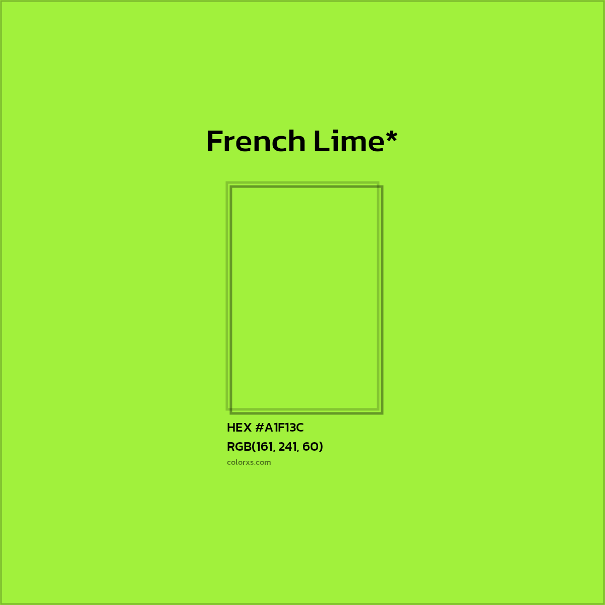 #A1F13C hex color. RGB, RYB, CMYK, HSL, HSV codes and color conversions. Matching color names, palettes, paints.