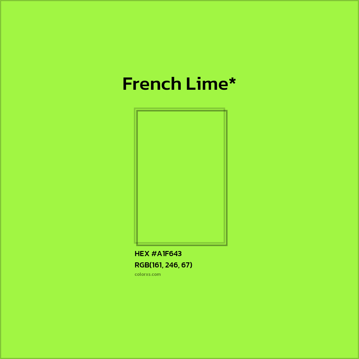 #A1F643 hex color. RGB, RYB, CMYK, HSL, HSV codes and color conversions. Matching color names, palettes, paints.