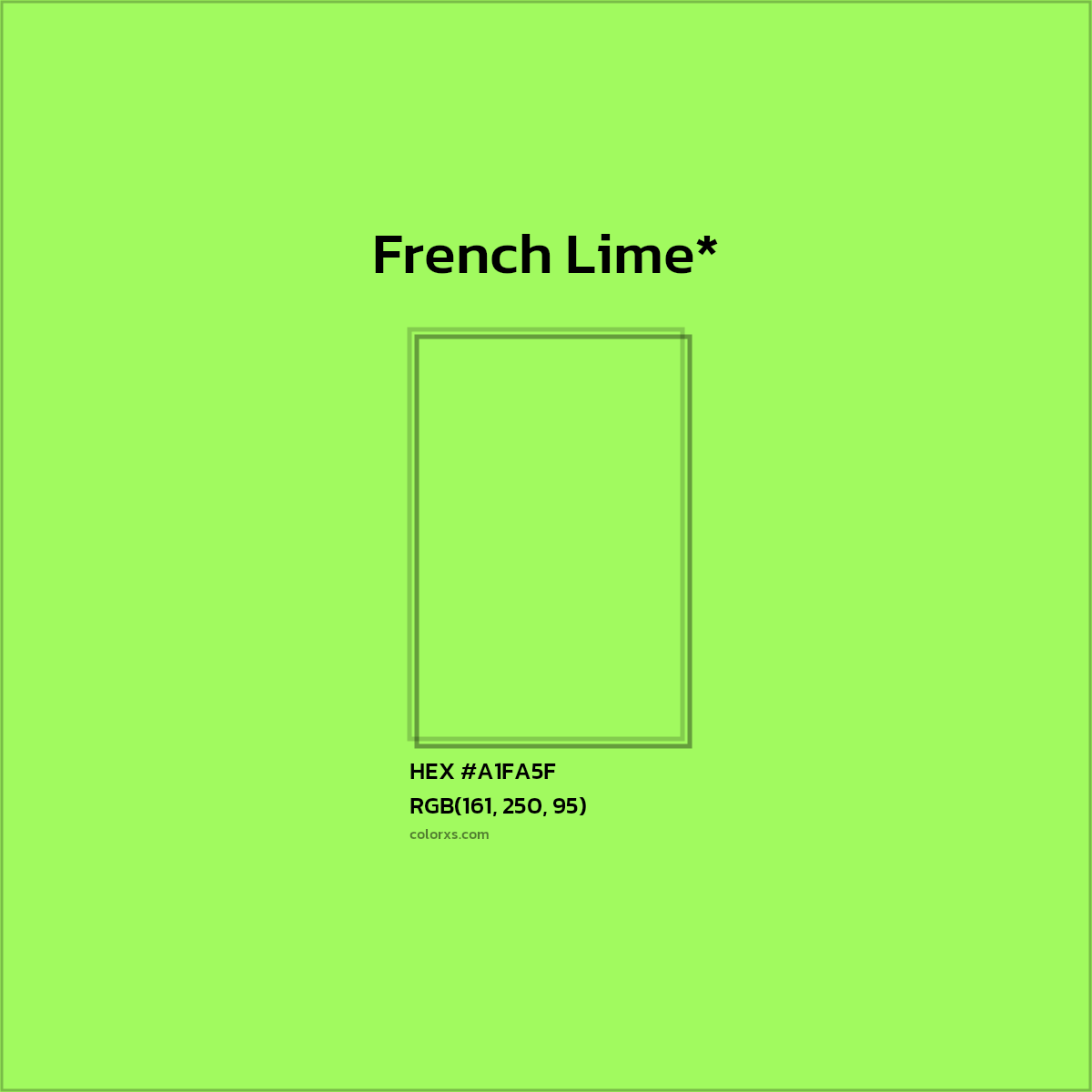 #A1FA5F hex color. RGB, RYB, CMYK, HSL, HSV codes and color conversions. Matching color names, palettes, paints.