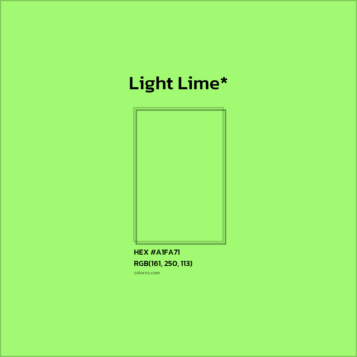 #A1FA71 hex color. RGB, RYB, CMYK, HSL, HSV codes and color conversions. Matching color names, palettes, paints.