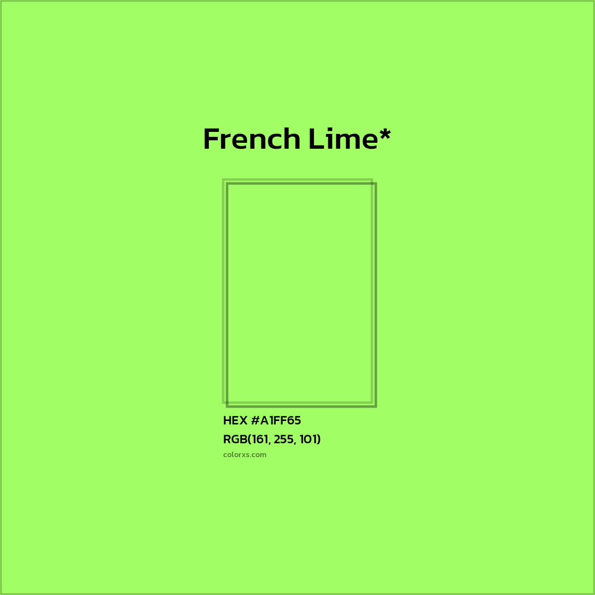 #A1FF65 hex color. RGB, RYB, CMYK, HSL, HSV codes and color conversions. Matching color names, palettes, paints.