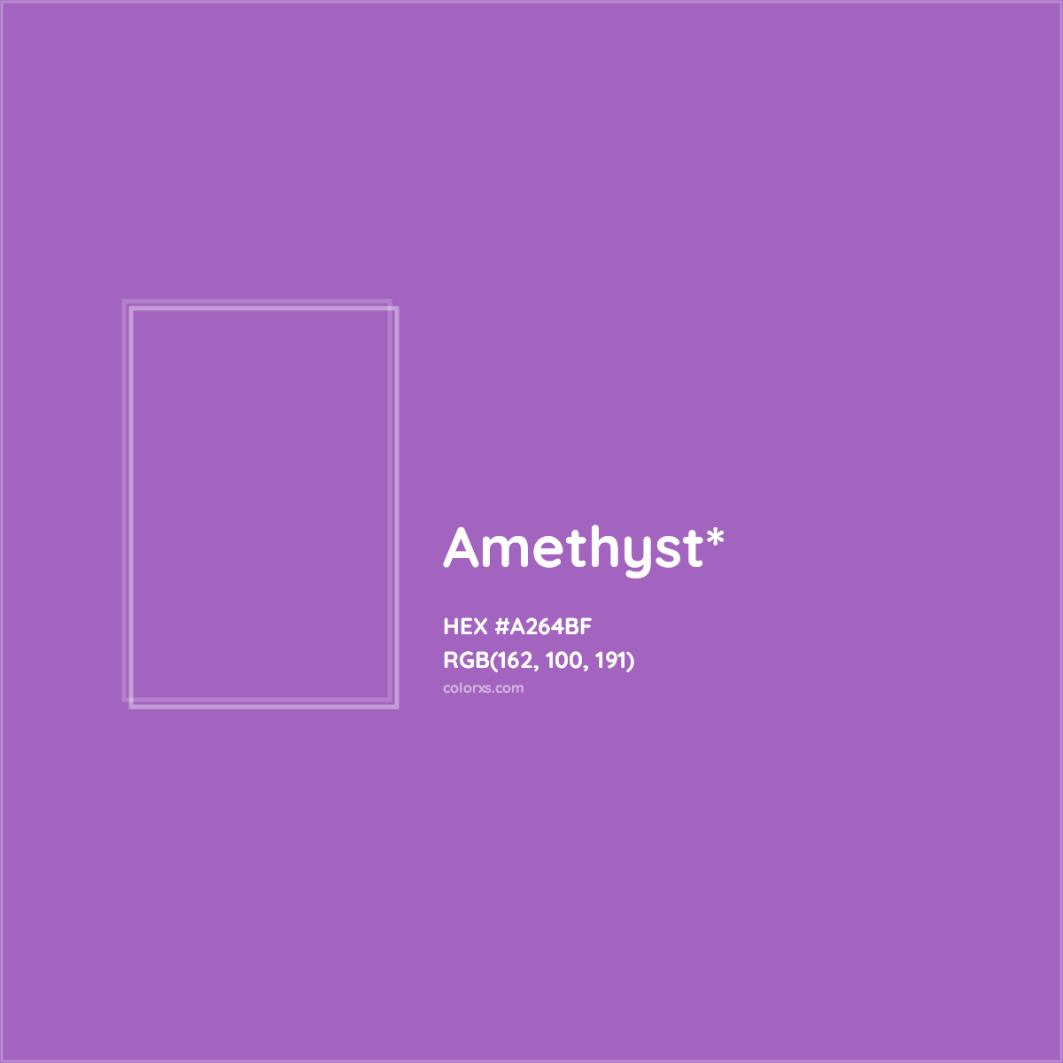 #A264BF hex color. RGB, RYB, CMYK, HSL, HSV codes and color conversions. Matching color names, palettes, paints.