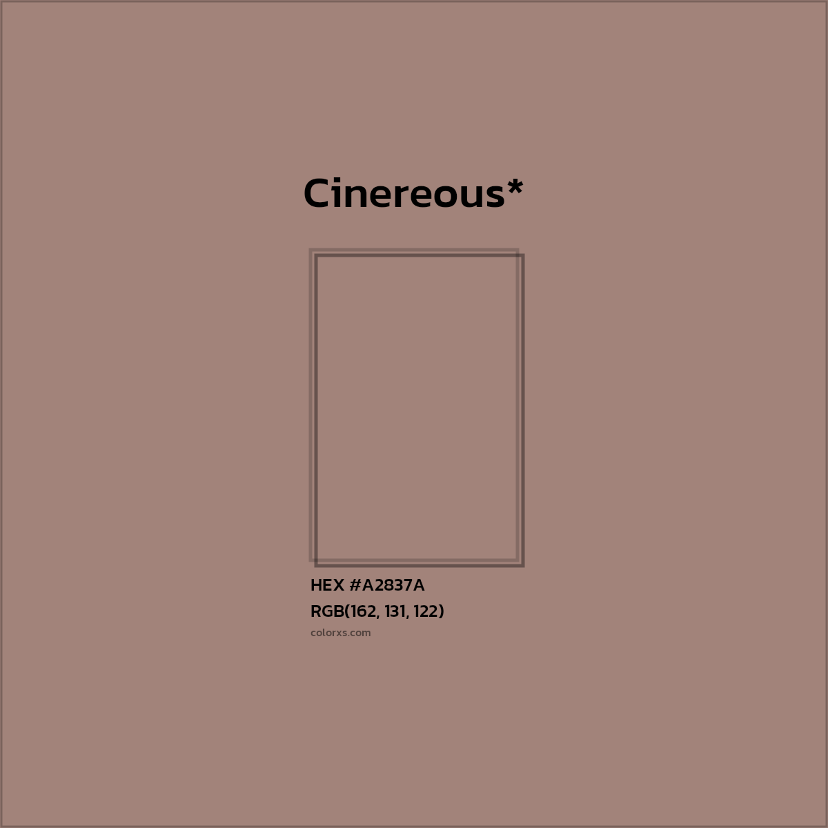 #A2837A hex color. RGB, RYB, CMYK, HSL, HSV codes and color conversions. Matching color names, palettes, paints.