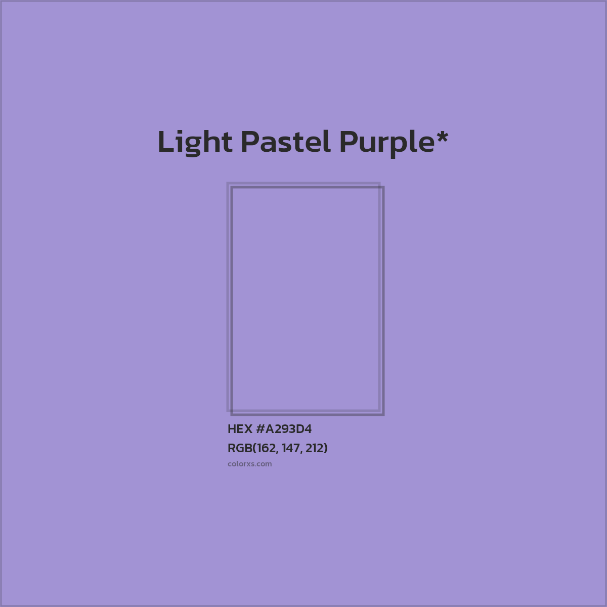 #A293D4 hex color. RGB, RYB, CMYK, HSL, HSV codes and color conversions. Matching color names, palettes, paints.
