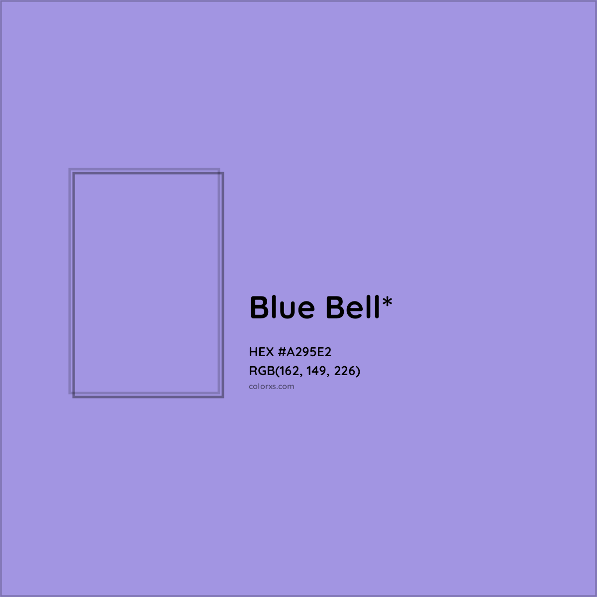 #A295E2 hex color. RGB, RYB, CMYK, HSL, HSV codes and color conversions. Matching color names, palettes, paints.
