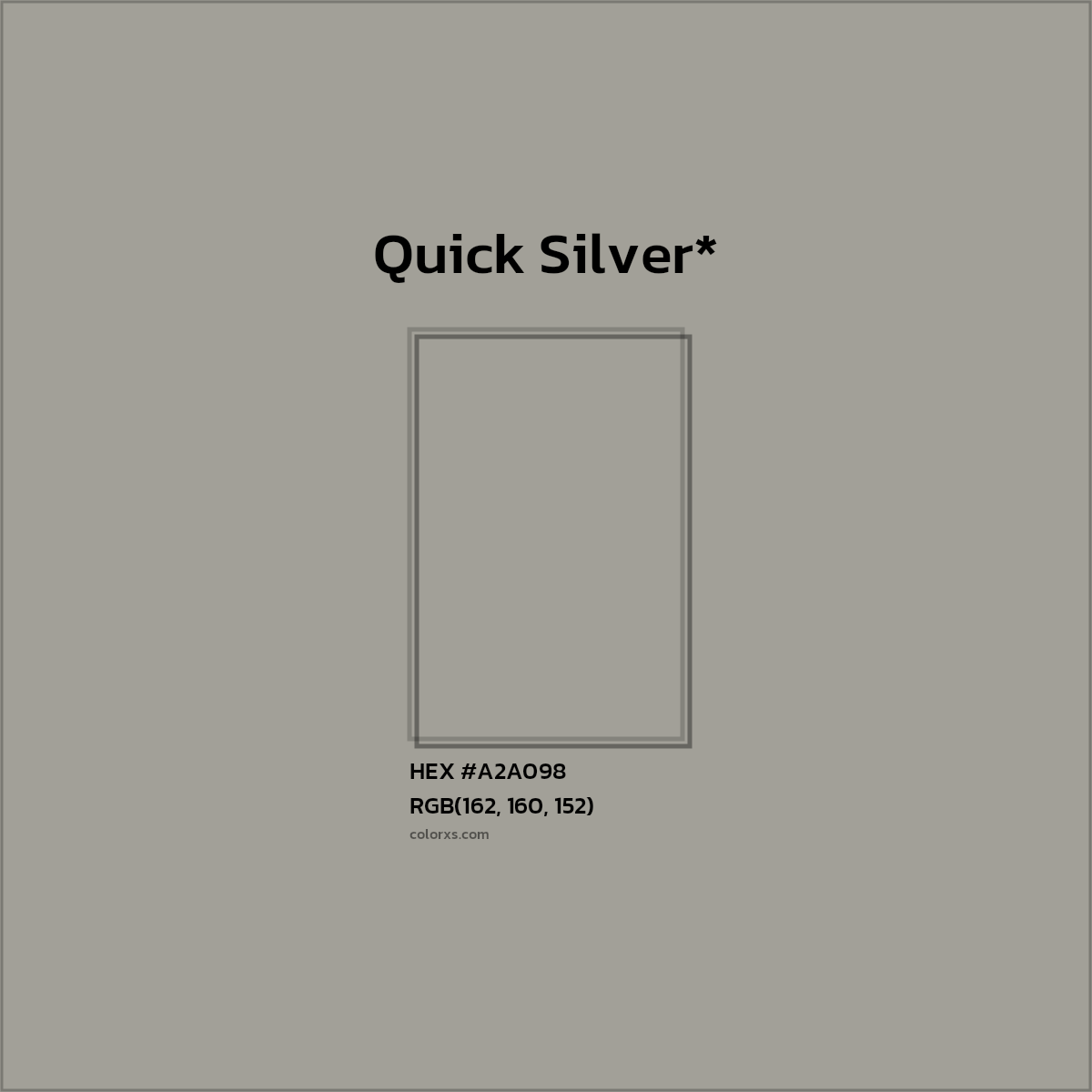 #A2A098 hex color. RGB, RYB, CMYK, HSL, HSV codes and color conversions. Matching color names, palettes, paints.