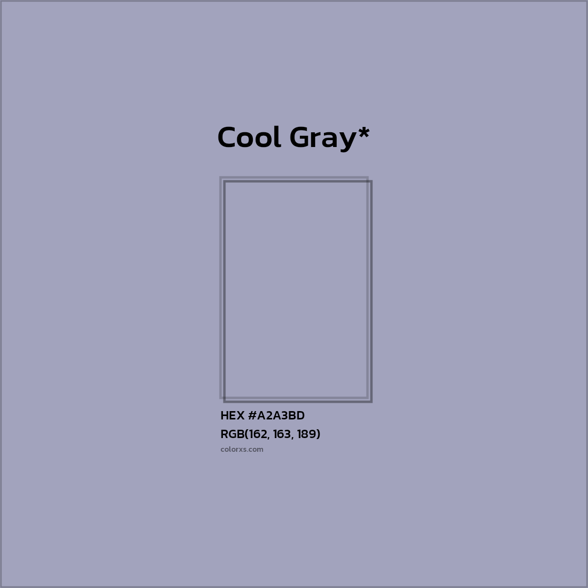 #A2A3BD hex color. RGB, RYB, CMYK, HSL, HSV codes and color conversions. Matching color names, palettes, paints.