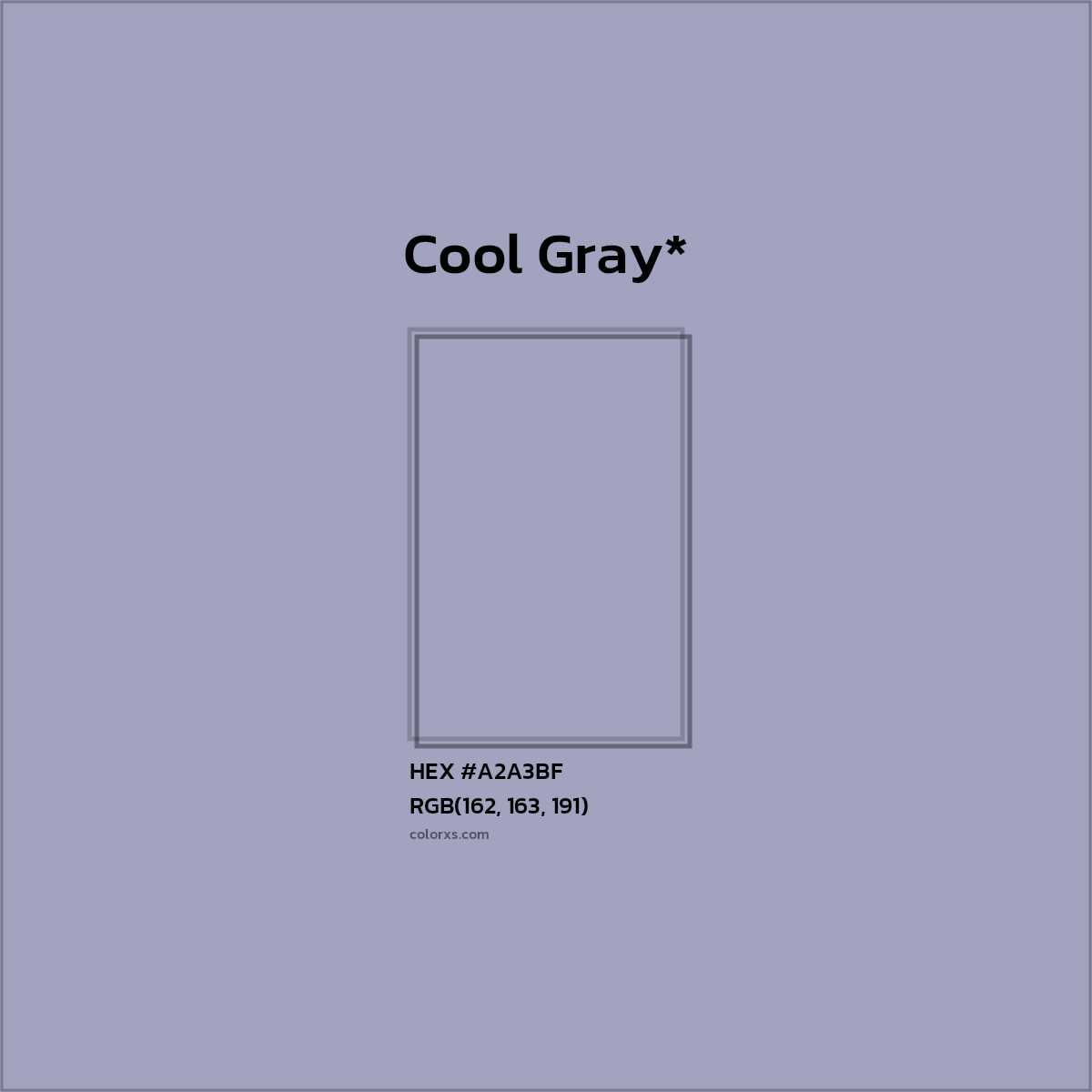 #A2A3BF hex color. RGB, RYB, CMYK, HSL, HSV codes and color conversions. Matching color names, palettes, paints.
