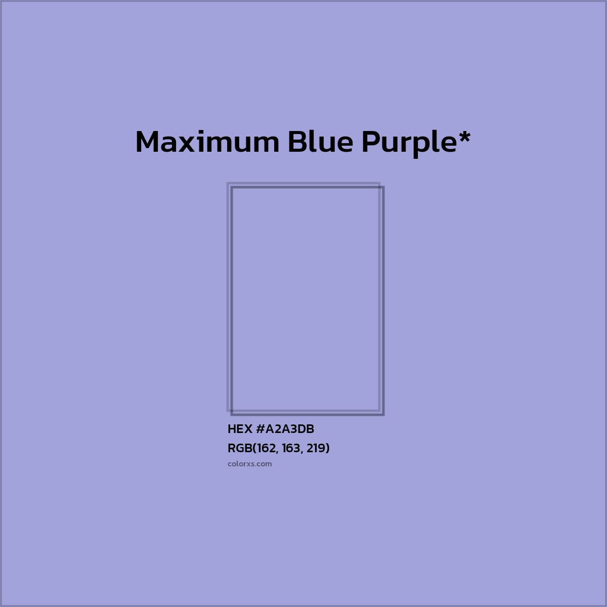 #A2A3DB hex color. RGB, RYB, CMYK, HSL, HSV codes and color conversions. Matching color names, palettes, paints.