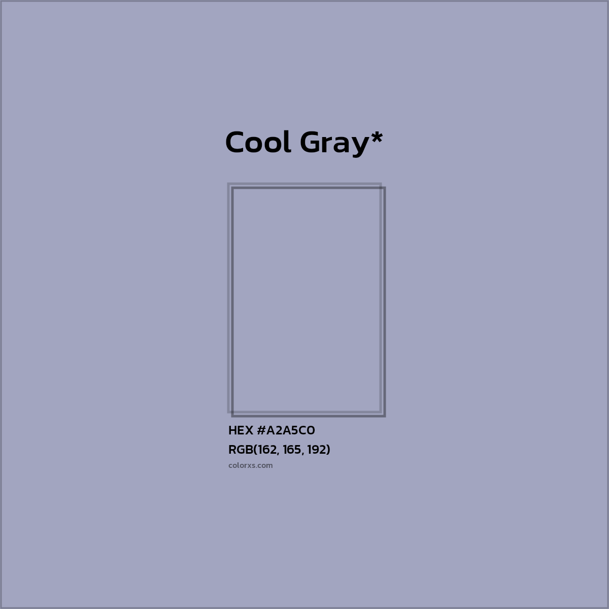#A2A5C0 hex color. RGB, RYB, CMYK, HSL, HSV codes and color conversions. Matching color names, palettes, paints.