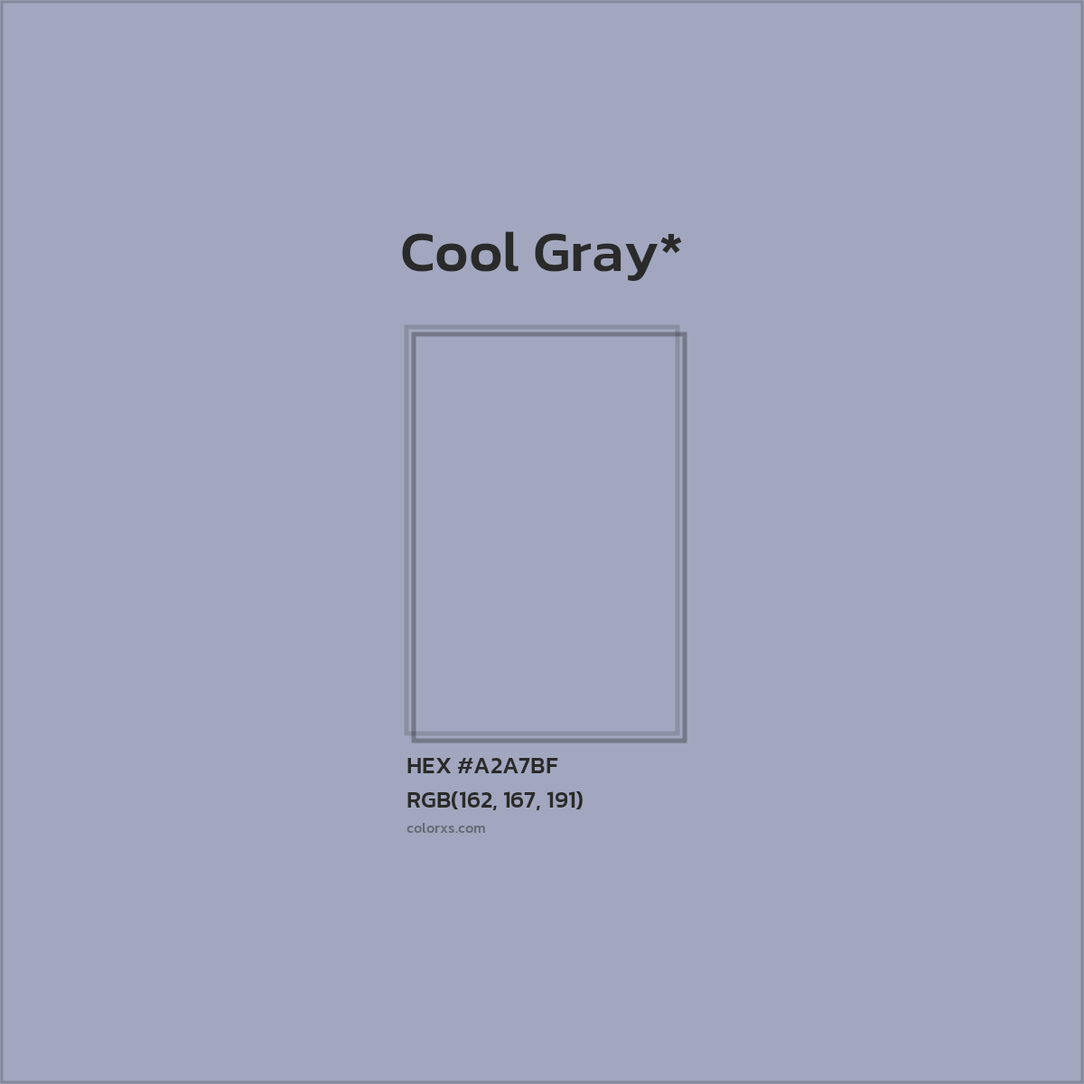 #A2A7BF hex color. RGB, RYB, CMYK, HSL, HSV codes and color conversions. Matching color names, palettes, paints.