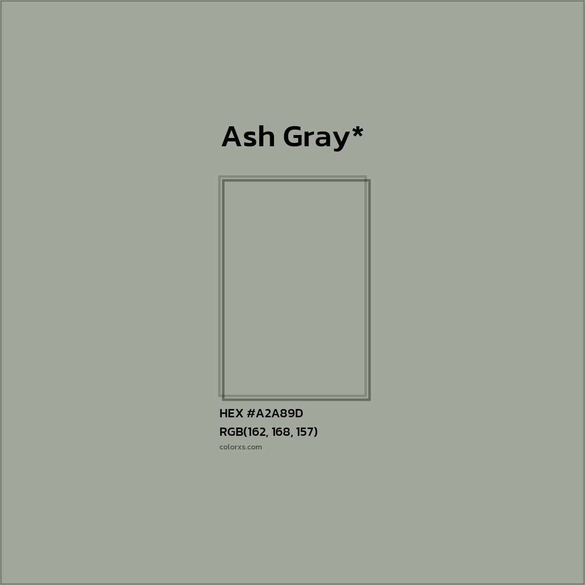 #A2A89D hex color. RGB, RYB, CMYK, HSL, HSV codes and color conversions. Matching color names, palettes, paints.