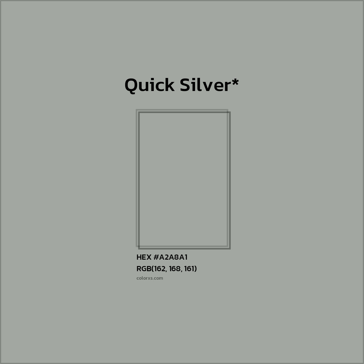 #A2A8A1 hex color. RGB, RYB, CMYK, HSL, HSV codes and color conversions. Matching color names, palettes, paints.
