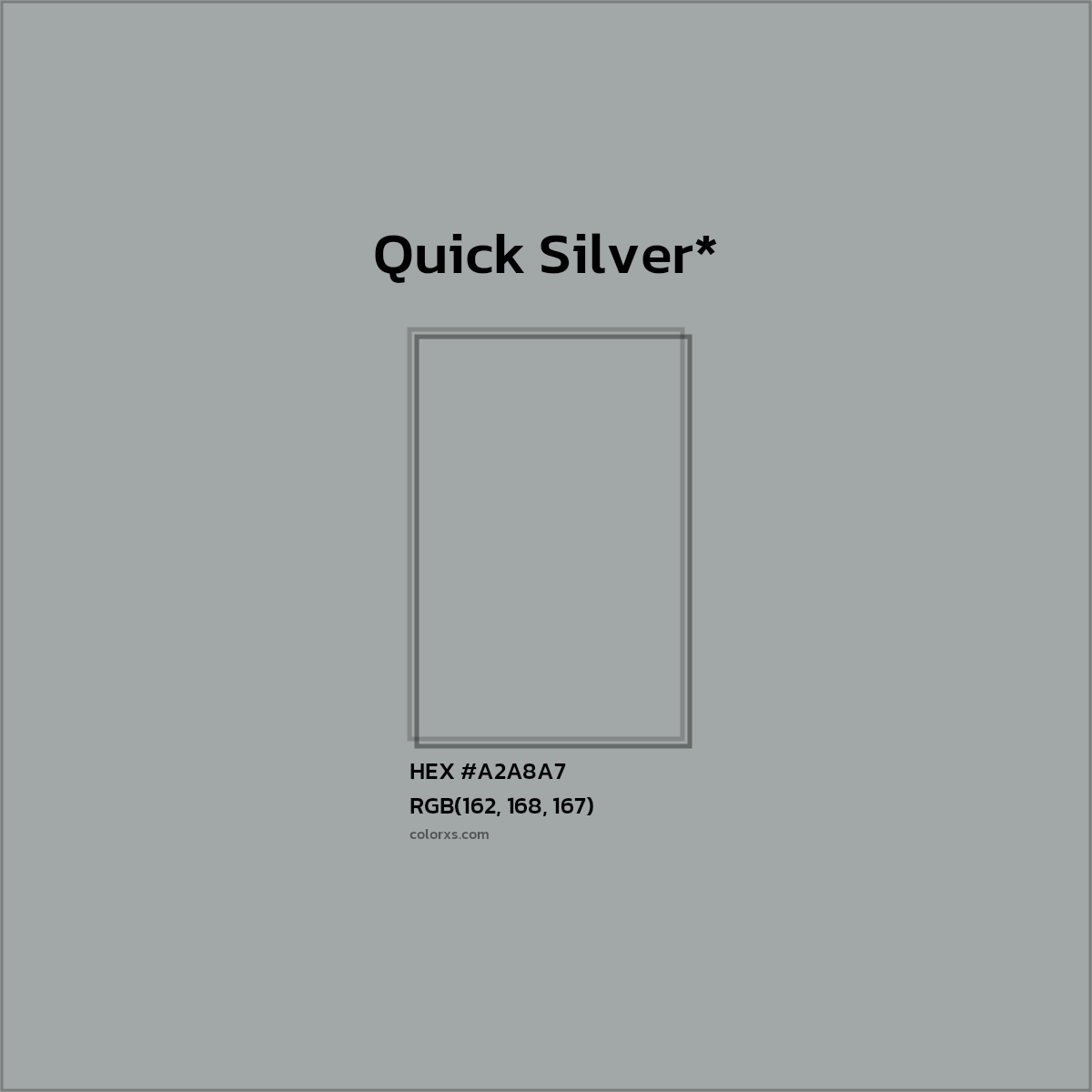 #A2A8A7 hex color. RGB, RYB, CMYK, HSL, HSV codes and color conversions. Matching color names, palettes, paints.