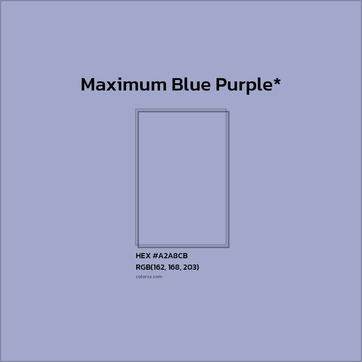 #A2A8CB hex color. RGB, RYB, CMYK, HSL, HSV codes and color conversions. Matching color names, palettes, paints.