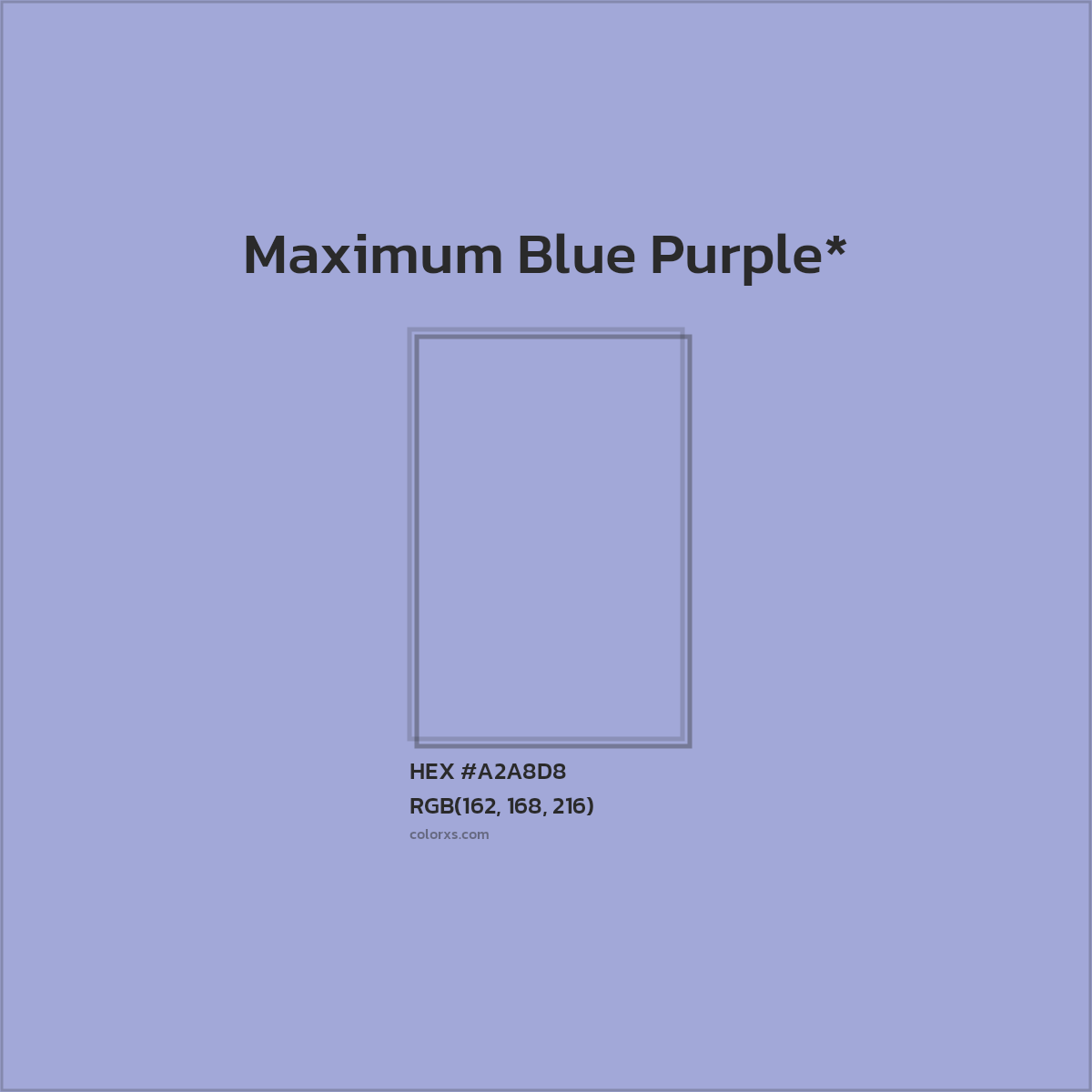 #A2A8D8 hex color. RGB, RYB, CMYK, HSL, HSV codes and color conversions. Matching color names, palettes, paints.