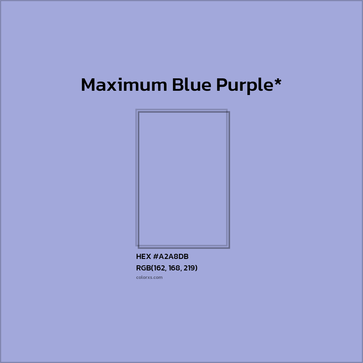#A2A8DB hex color. RGB, RYB, CMYK, HSL, HSV codes and color conversions. Matching color names, palettes, paints.