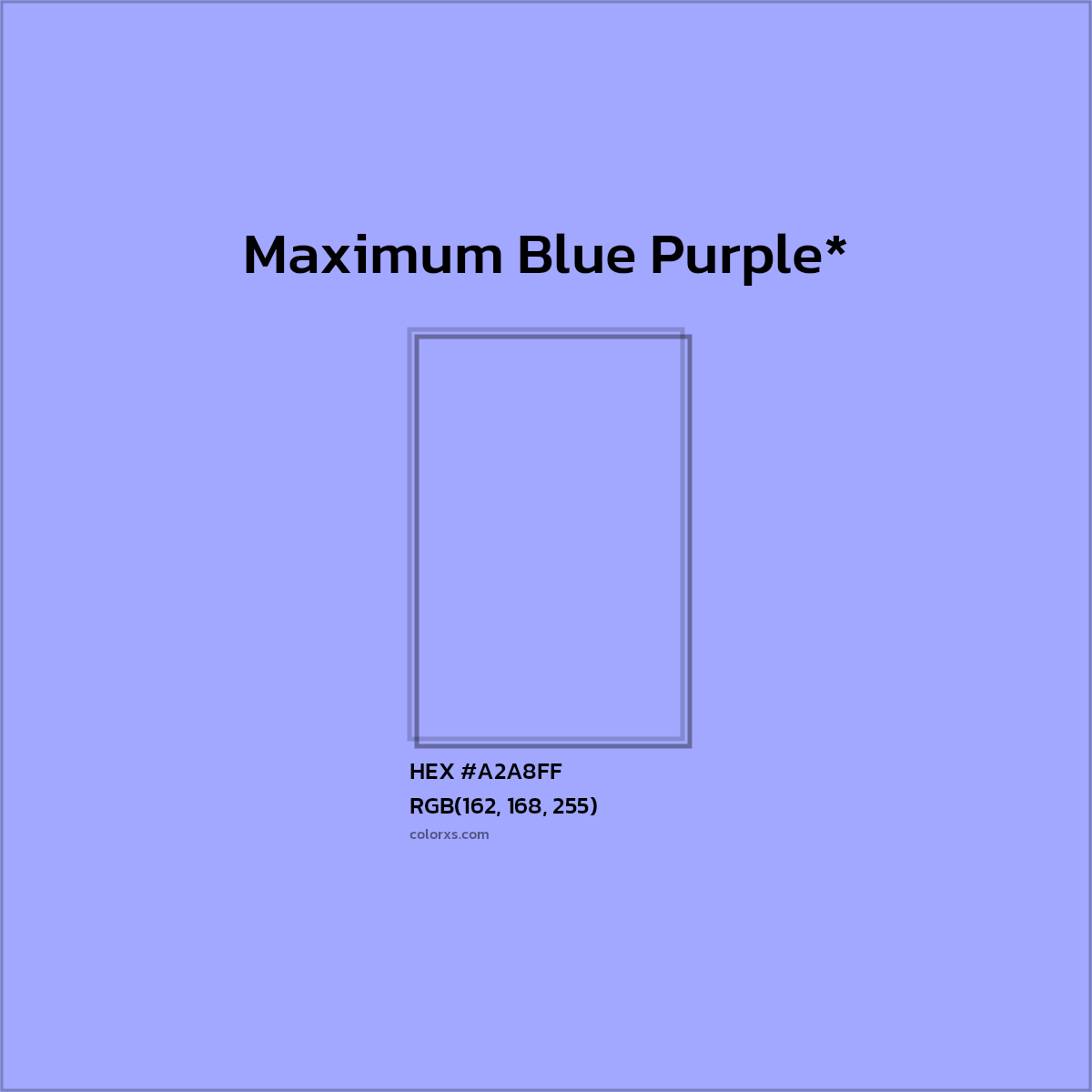 #A2A8FF hex color. RGB, RYB, CMYK, HSL, HSV codes and color conversions. Matching color names, palettes, paints.