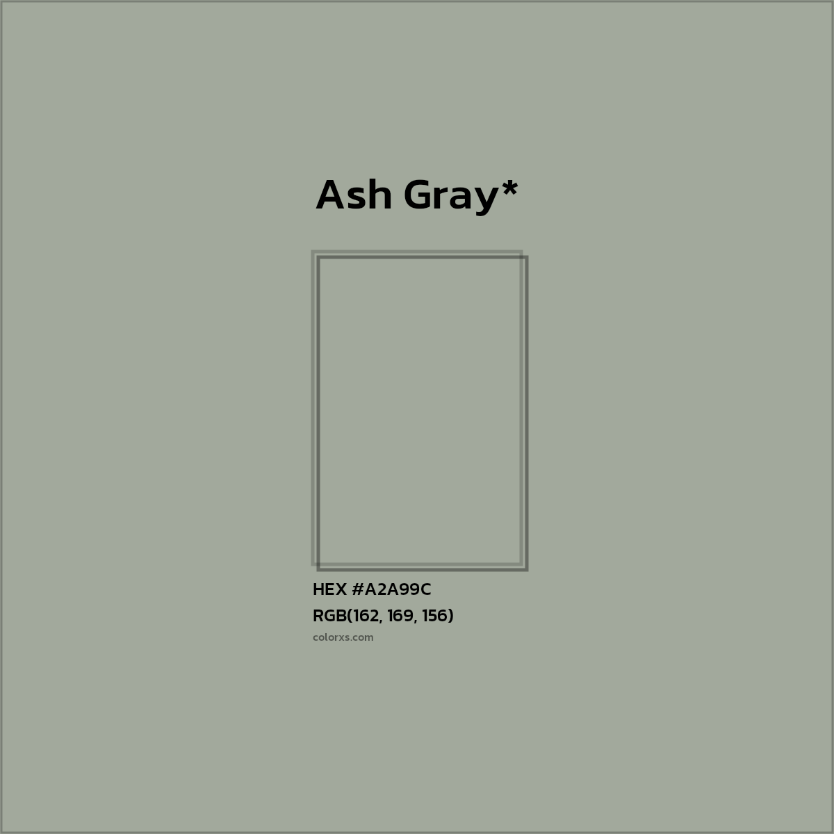#A2A99C hex color. RGB, RYB, CMYK, HSL, HSV codes and color conversions. Matching color names, palettes, paints.