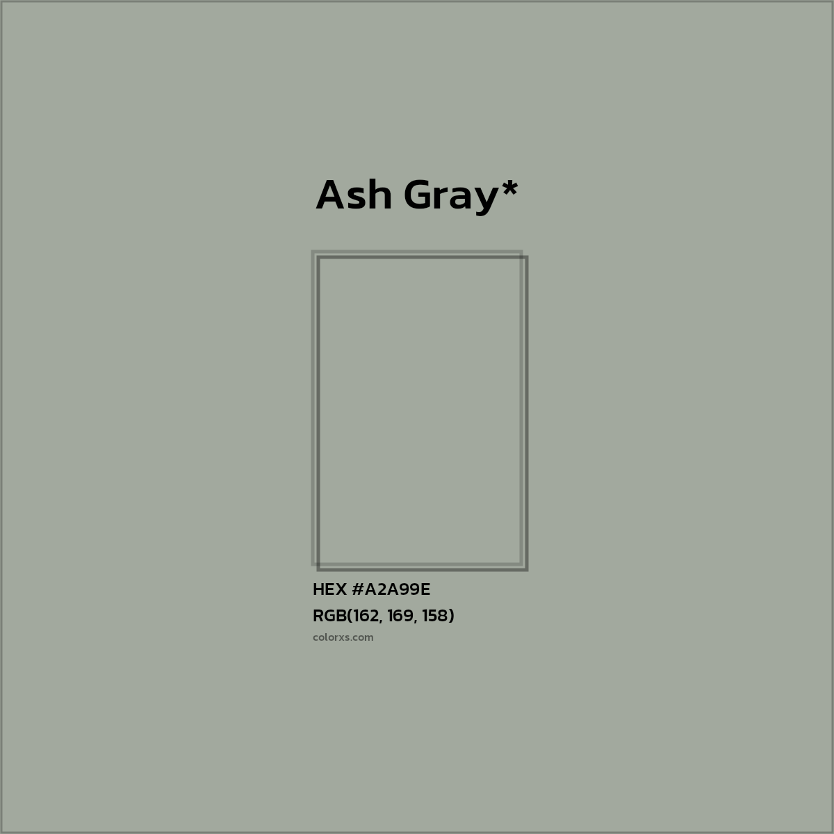 #A2A99E hex color. RGB, RYB, CMYK, HSL, HSV codes and color conversions. Matching color names, palettes, paints.