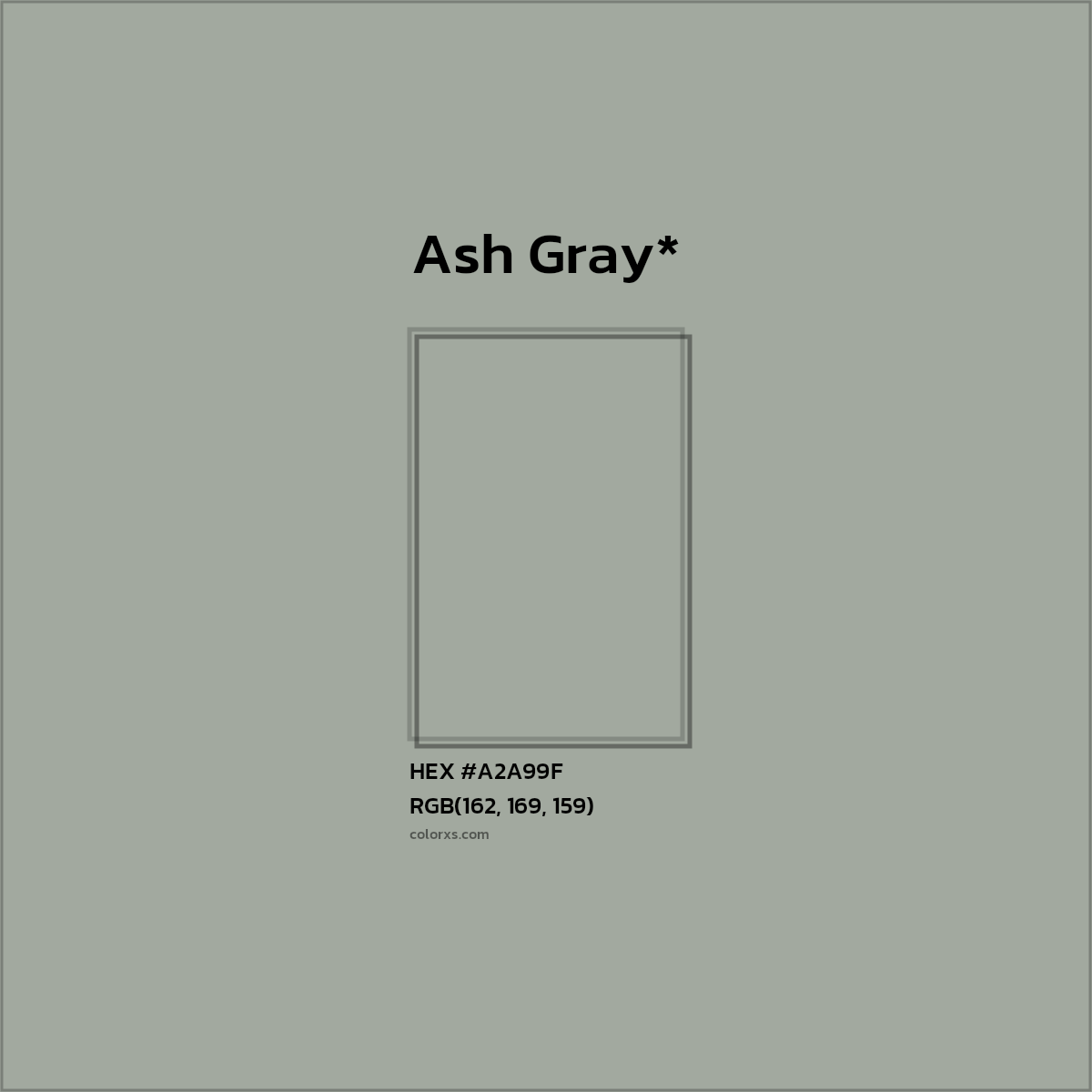 #A2A99F hex color. RGB, RYB, CMYK, HSL, HSV codes and color conversions. Matching color names, palettes, paints.