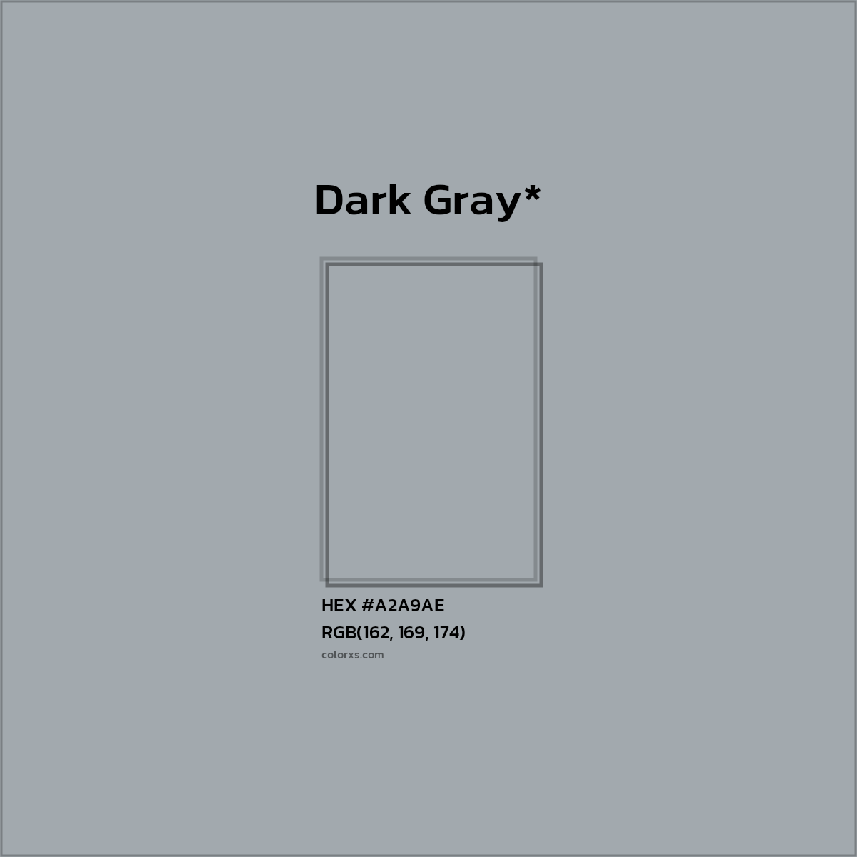 #A2A9AE hex color. RGB, RYB, CMYK, HSL, HSV codes and color conversions. Matching color names, palettes, paints.