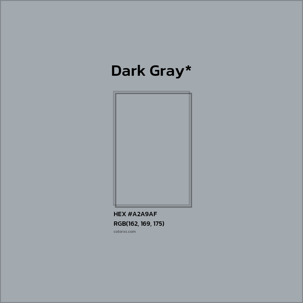 #A2A9AF hex color. RGB, RYB, CMYK, HSL, HSV codes and color conversions. Matching color names, palettes, paints.