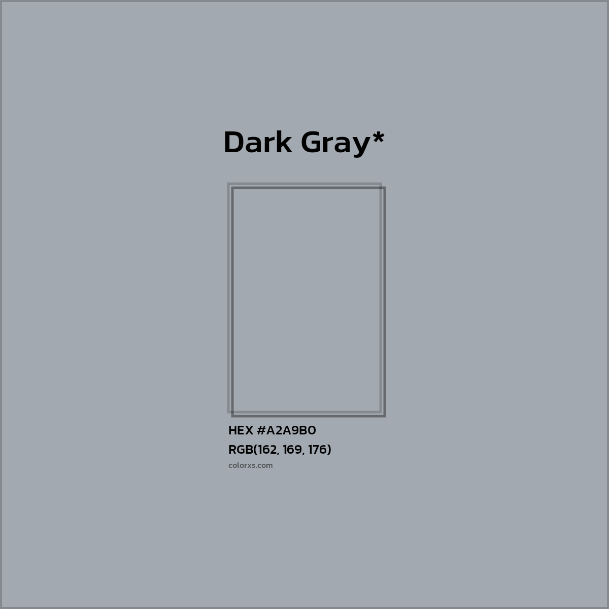 #A2A9B0 hex color. RGB, RYB, CMYK, HSL, HSV codes and color conversions. Matching color names, palettes, paints.