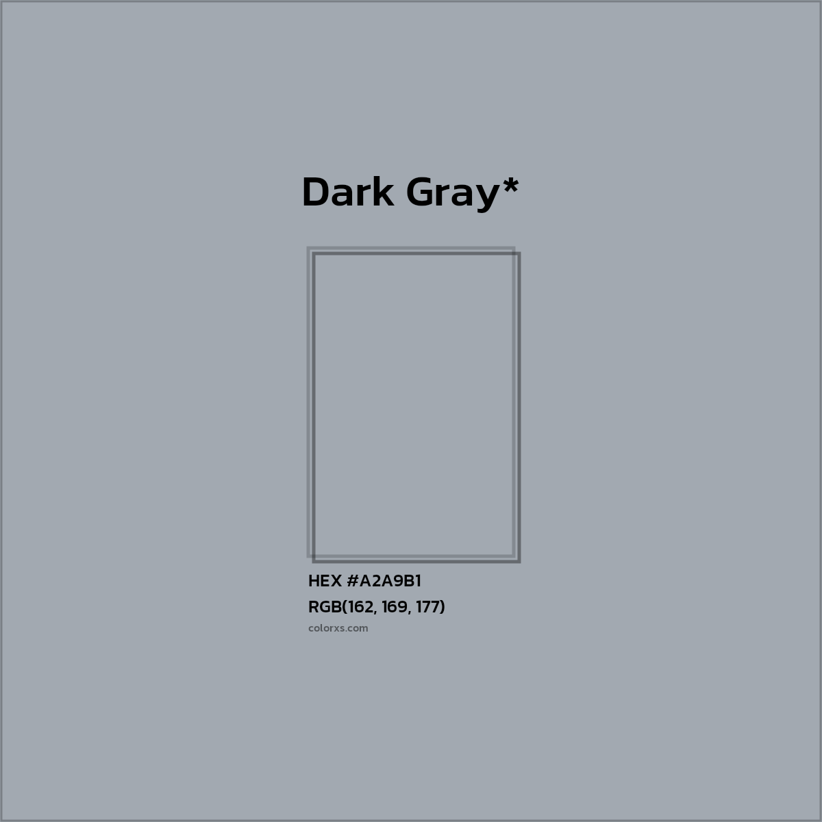#A2A9B1 hex color. RGB, RYB, CMYK, HSL, HSV codes and color conversions. Matching color names, palettes, paints.