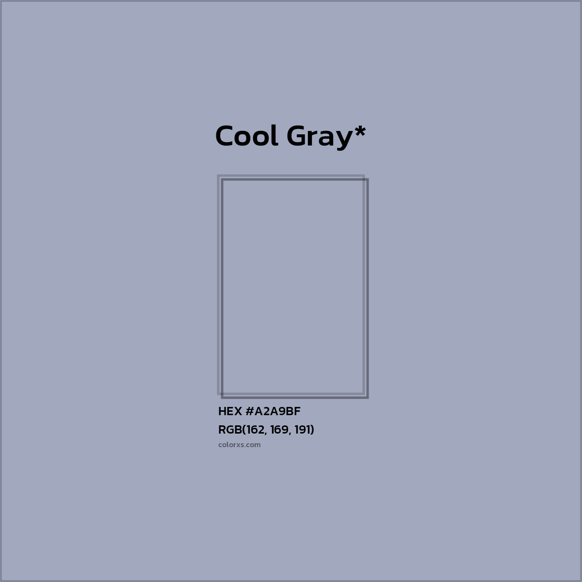 #A2A9BF hex color. RGB, RYB, CMYK, HSL, HSV codes and color conversions. Matching color names, palettes, paints.