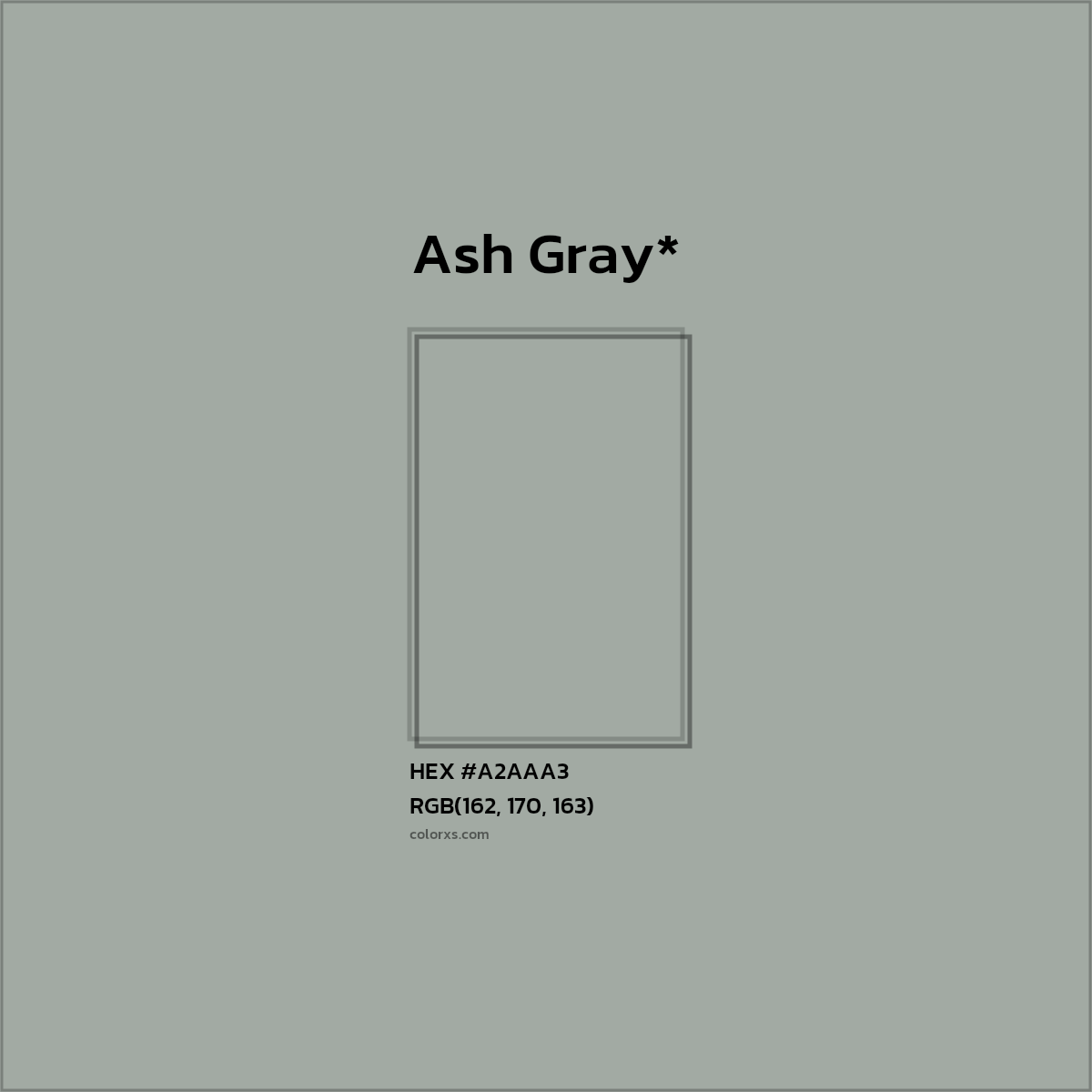 #A2AAA3 hex color. RGB, RYB, CMYK, HSL, HSV codes and color conversions. Matching color names, palettes, paints.