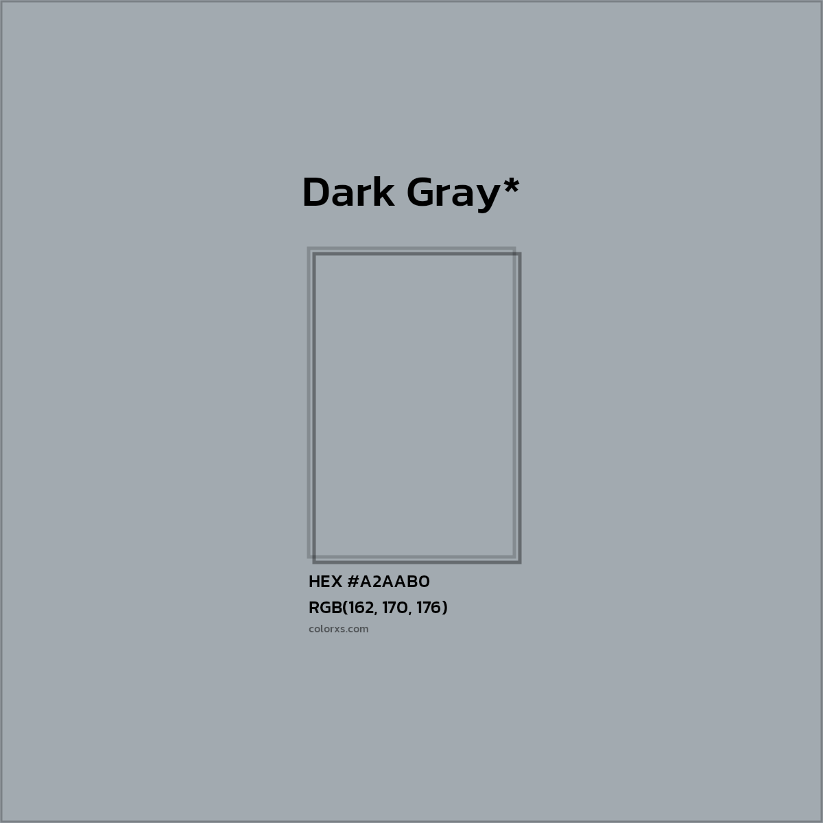 #A2AAB0 hex color. RGB, RYB, CMYK, HSL, HSV codes and color conversions. Matching color names, palettes, paints.