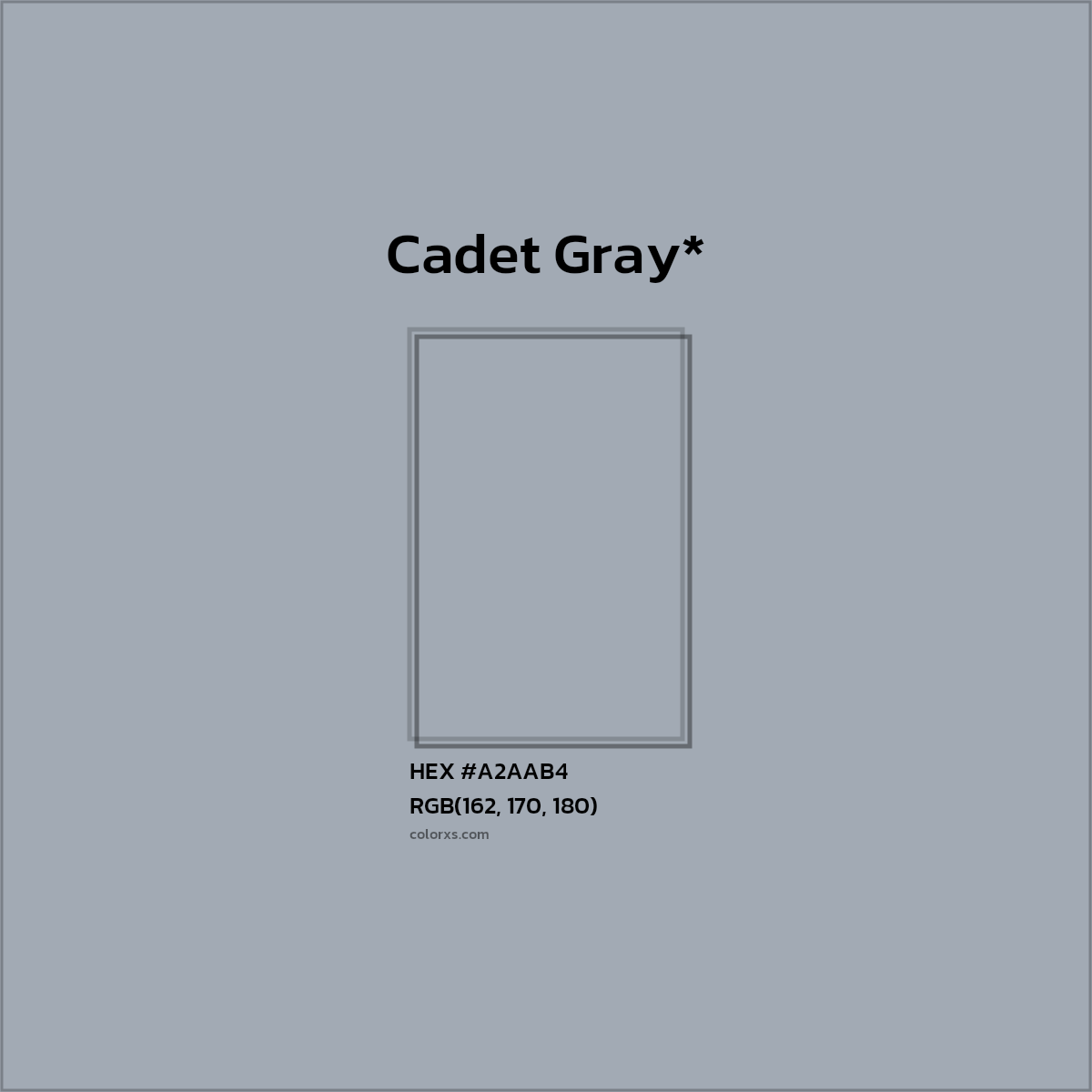 #A2AAB4 hex color. RGB, RYB, CMYK, HSL, HSV codes and color conversions. Matching color names, palettes, paints.