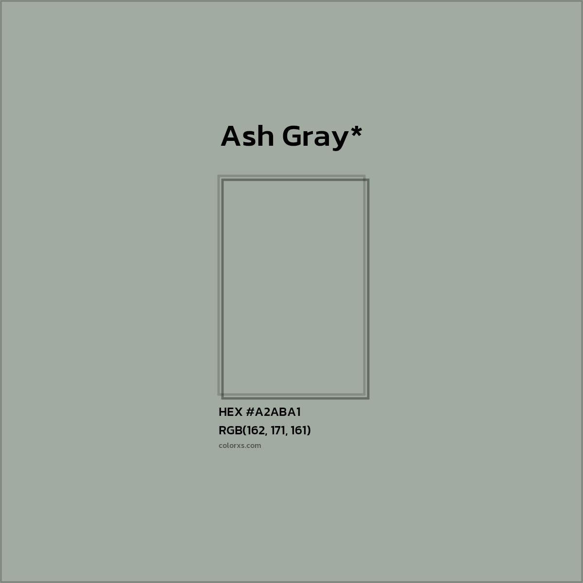 #A2ABA1 hex color. RGB, RYB, CMYK, HSL, HSV codes and color conversions. Matching color names, palettes, paints.