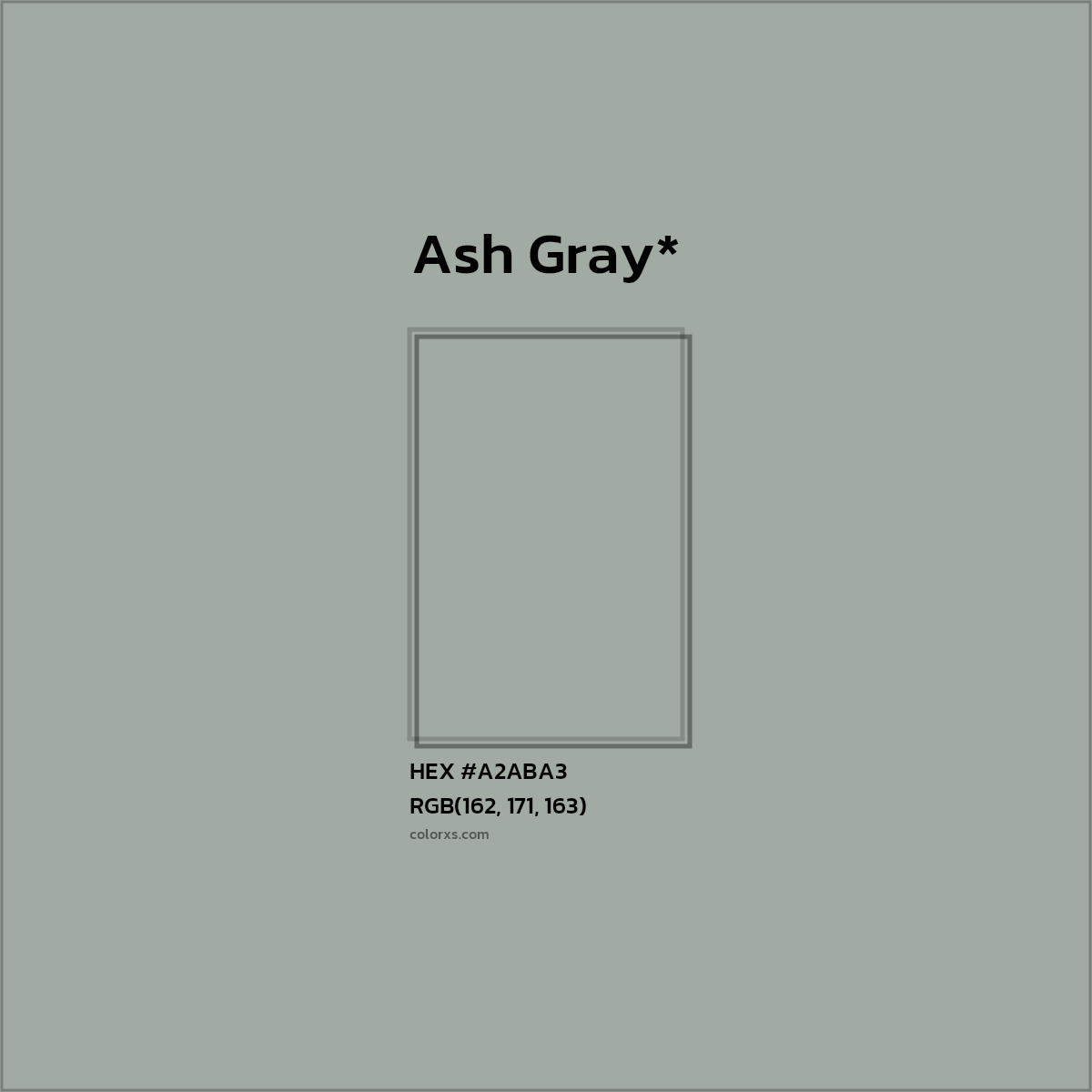 #A2ABA3 hex color. RGB, RYB, CMYK, HSL, HSV codes and color conversions. Matching color names, palettes, paints.
