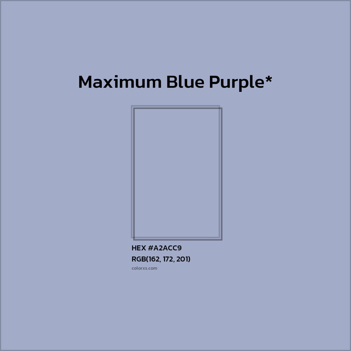 #A2ACC9 hex color. RGB, RYB, CMYK, HSL, HSV codes and color conversions. Matching color names, palettes, paints.