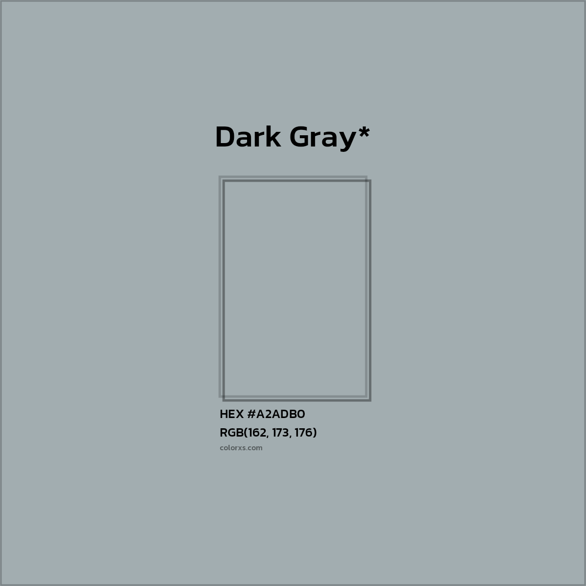 #A2ADB0 hex color. RGB, RYB, CMYK, HSL, HSV codes and color conversions. Matching color names, palettes, paints.