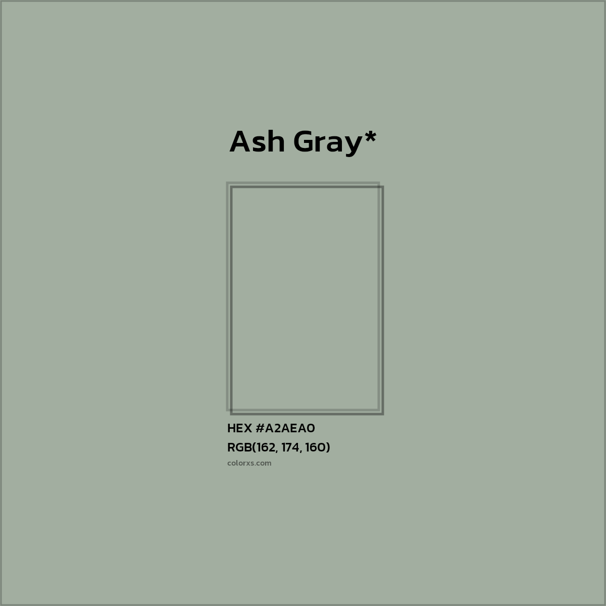 #A2AEA0 hex color. RGB, RYB, CMYK, HSL, HSV codes and color conversions. Matching color names, palettes, paints.