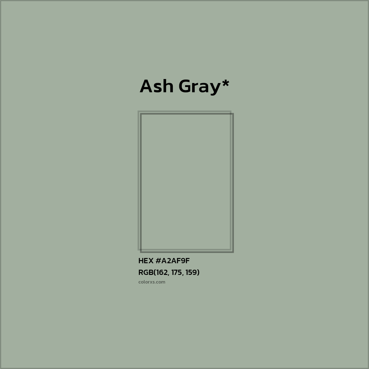#A2AF9F hex color. RGB, RYB, CMYK, HSL, HSV codes and color conversions. Matching color names, palettes, paints.