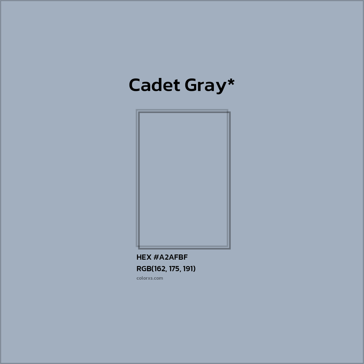 #A2AFBF hex color. RGB, RYB, CMYK, HSL, HSV codes and color conversions. Matching color names, palettes, paints.