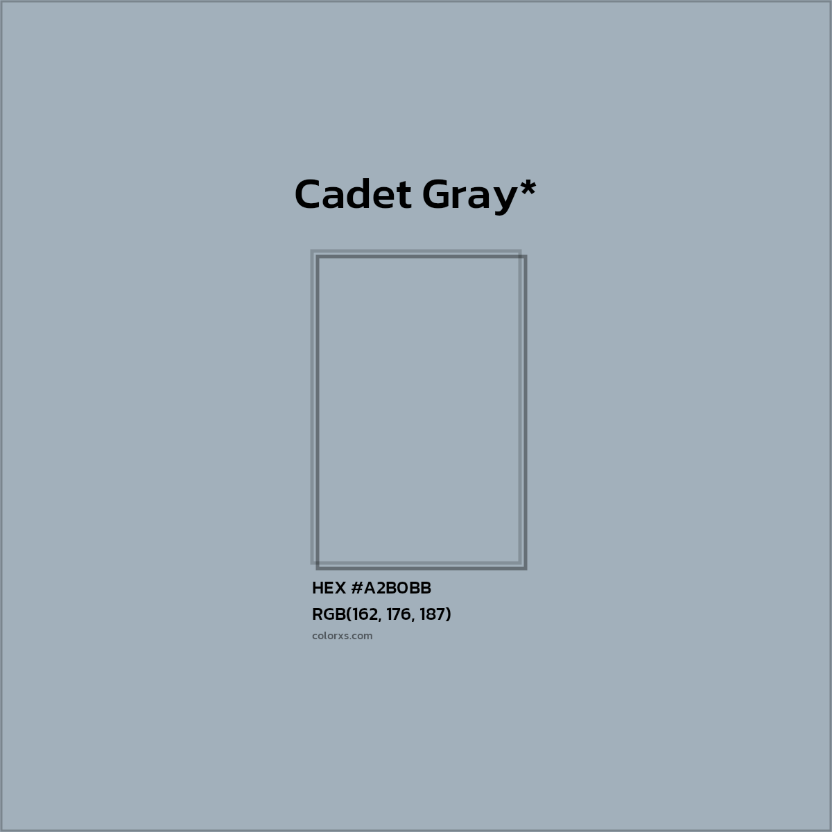 #A2B0BB hex color. RGB, RYB, CMYK, HSL, HSV codes and color conversions. Matching color names, palettes, paints.
