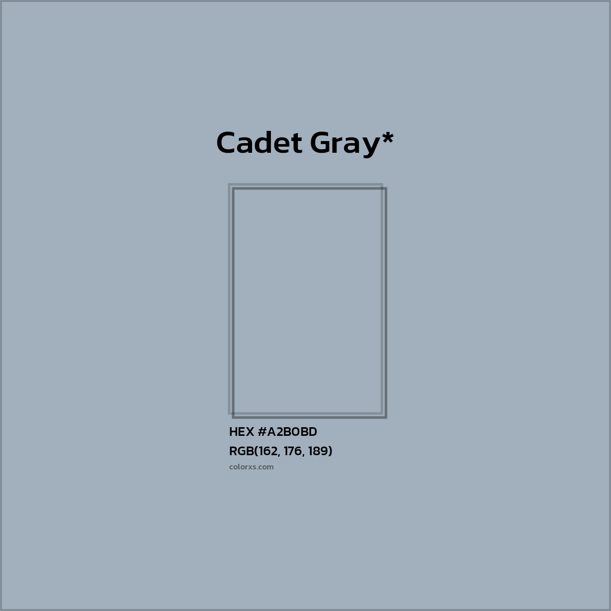 #A2B0BD hex color. RGB, RYB, CMYK, HSL, HSV codes and color conversions. Matching color names, palettes, paints.