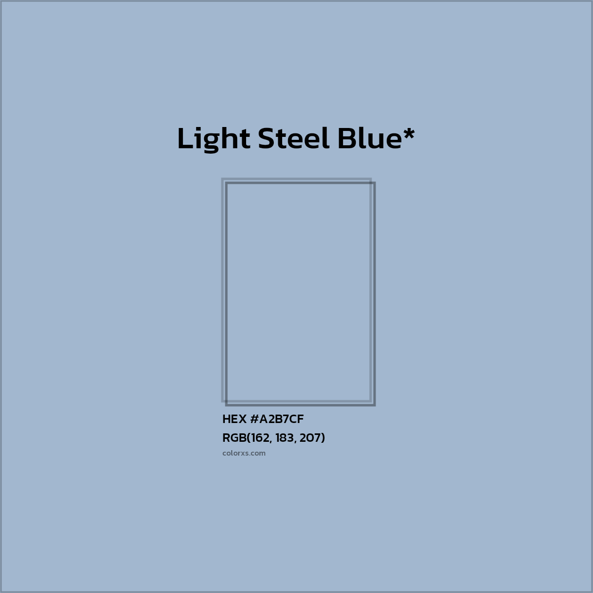 #A2B7CF hex color. RGB, RYB, CMYK, HSL, HSV codes and color conversions. Matching color names, palettes, paints.