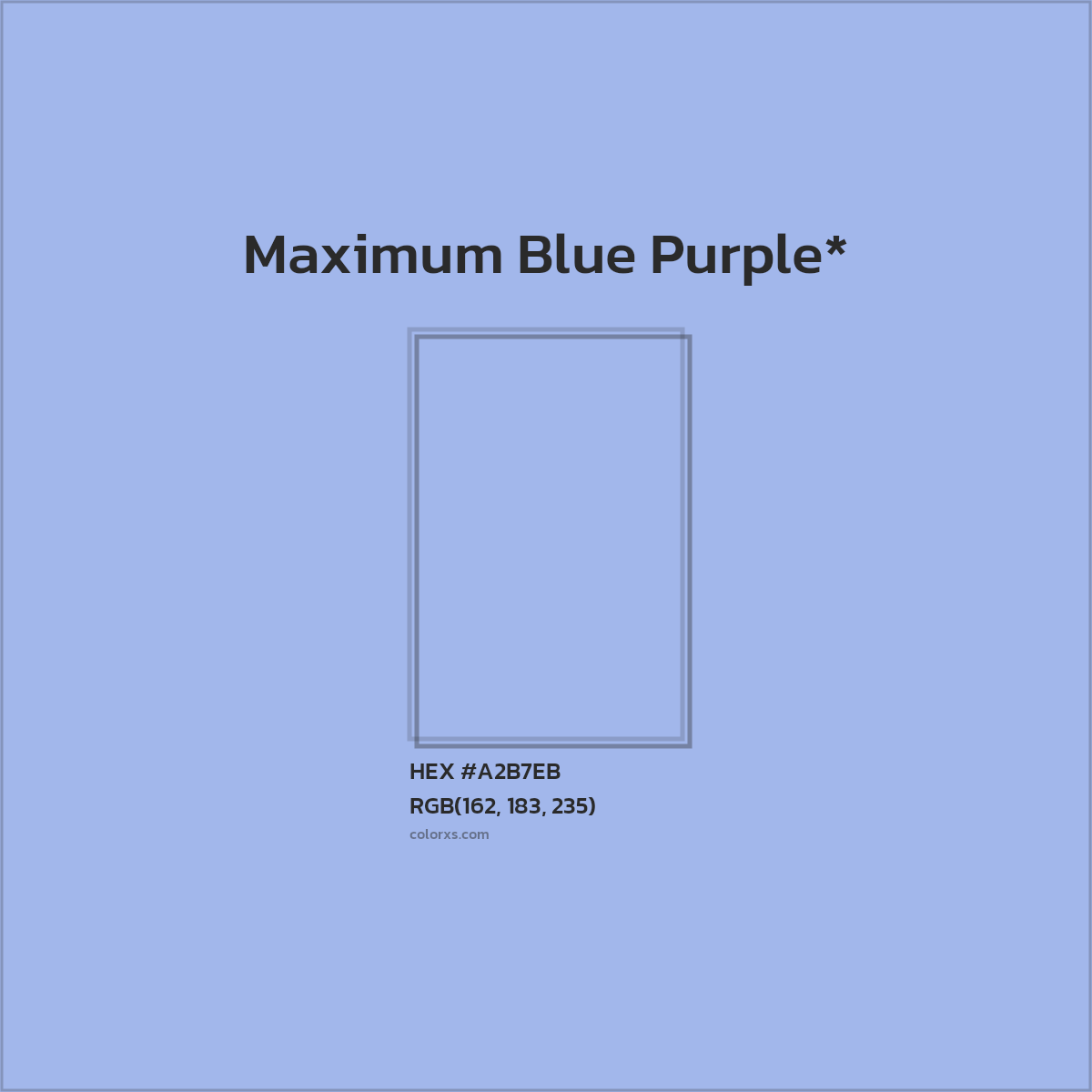 #A2B7EB hex color. RGB, RYB, CMYK, HSL, HSV codes and color conversions. Matching color names, palettes, paints.