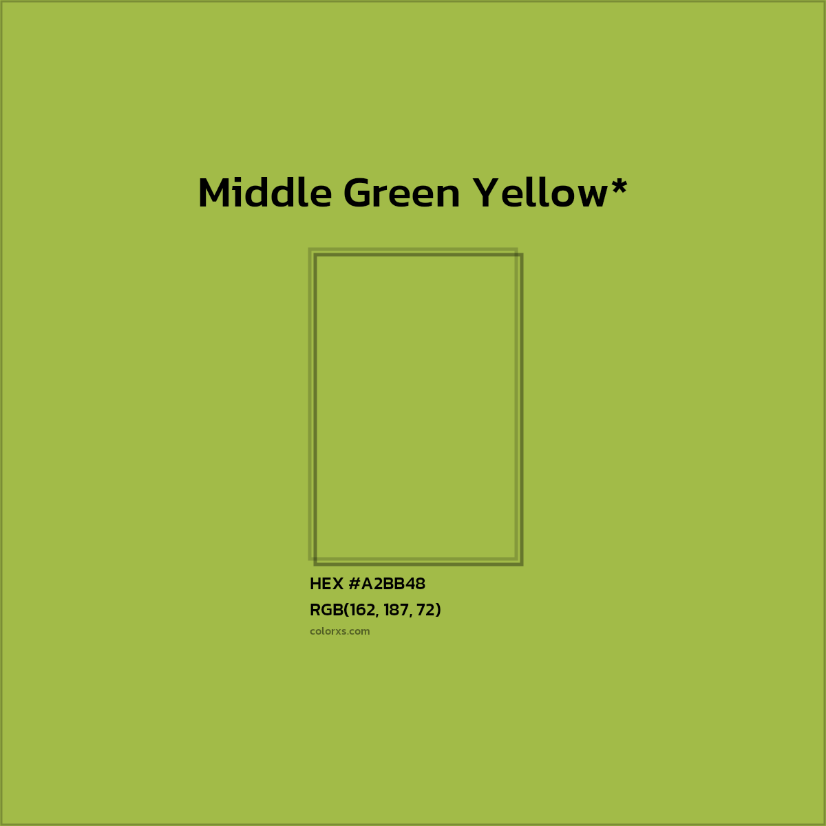 #A2BB48 hex color. RGB, RYB, CMYK, HSL, HSV codes and color conversions. Matching color names, palettes, paints.
