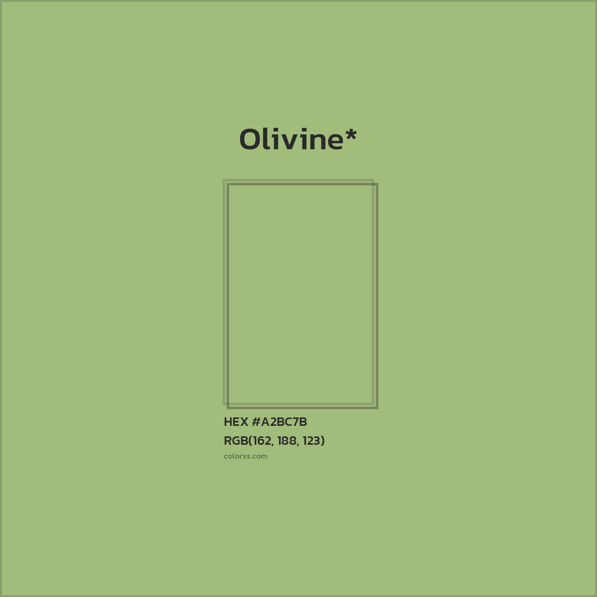 #A2BC7B hex color. RGB, RYB, CMYK, HSL, HSV codes and color conversions. Matching color names, palettes, paints.
