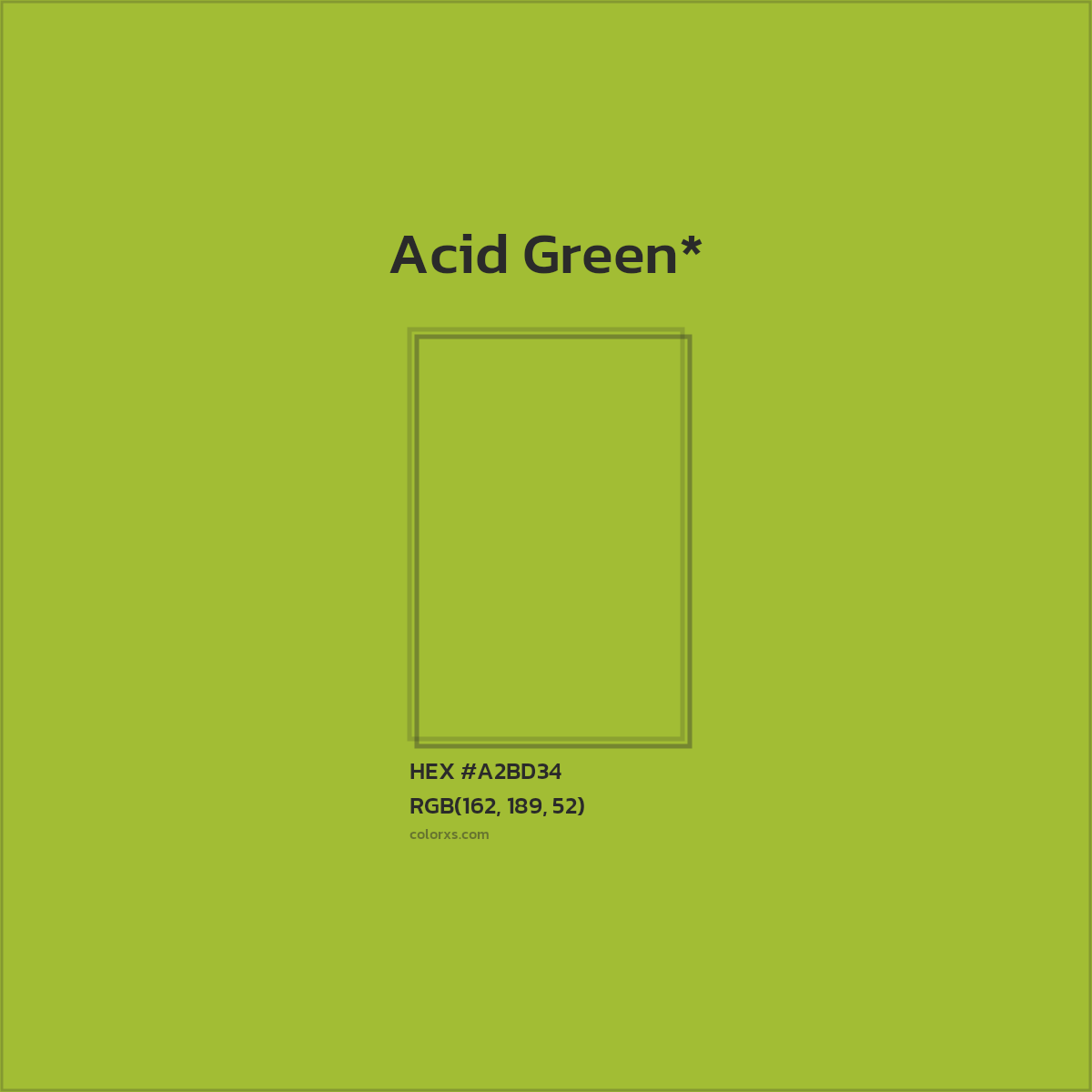 #A2BD34 hex color. RGB, RYB, CMYK, HSL, HSV codes and color conversions. Matching color names, palettes, paints.