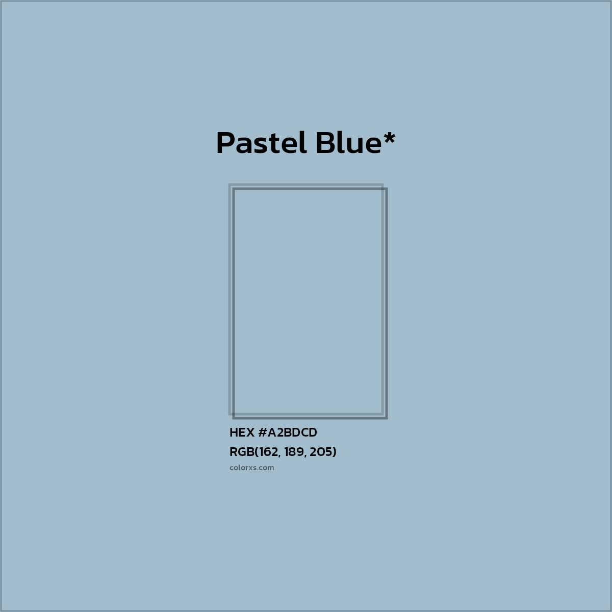 #A2BDCD hex color. RGB, RYB, CMYK, HSL, HSV codes and color conversions. Matching color names, palettes, paints.