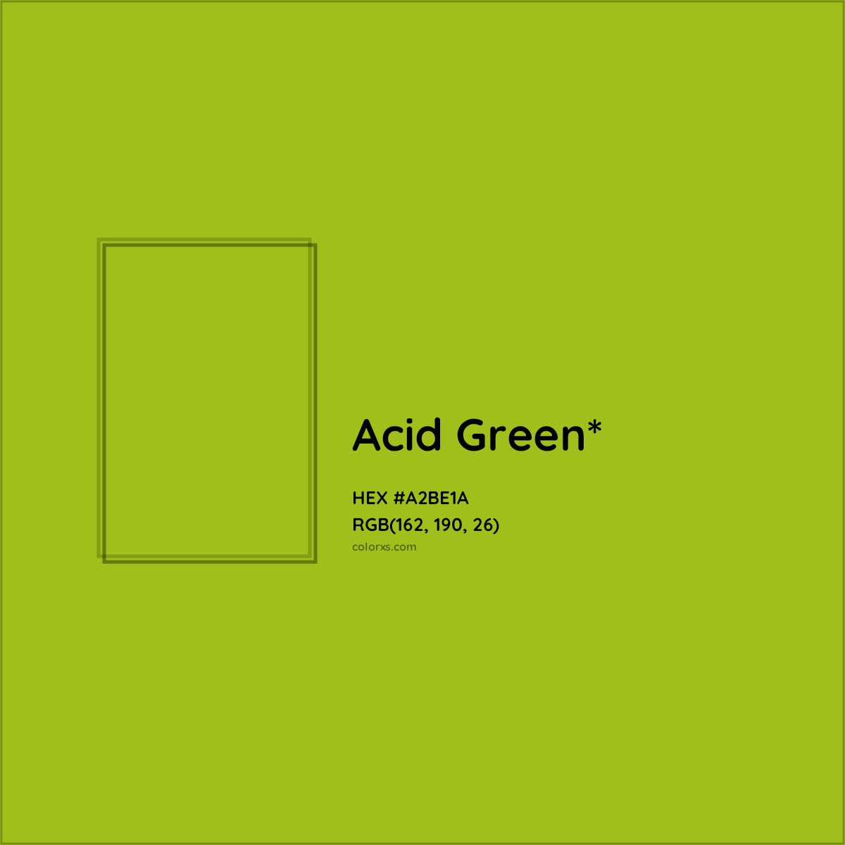 #A2BE1A hex color. RGB, RYB, CMYK, HSL, HSV codes and color conversions. Matching color names, palettes, paints.