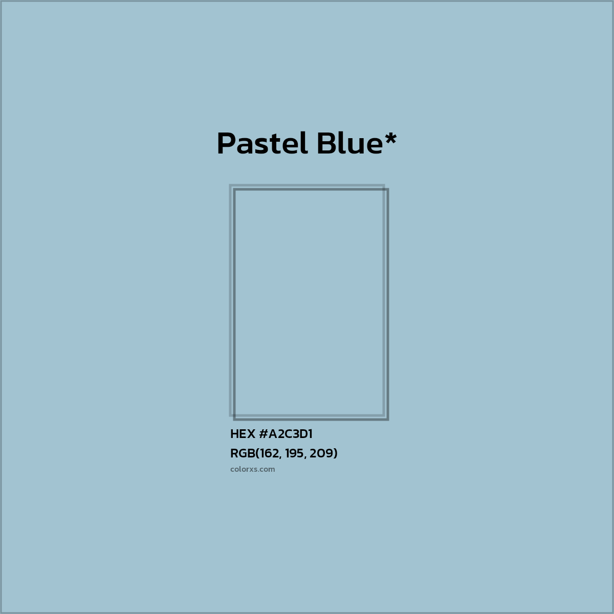 #A2C3D1 hex color. RGB, RYB, CMYK, HSL, HSV codes and color conversions. Matching color names, palettes, paints.